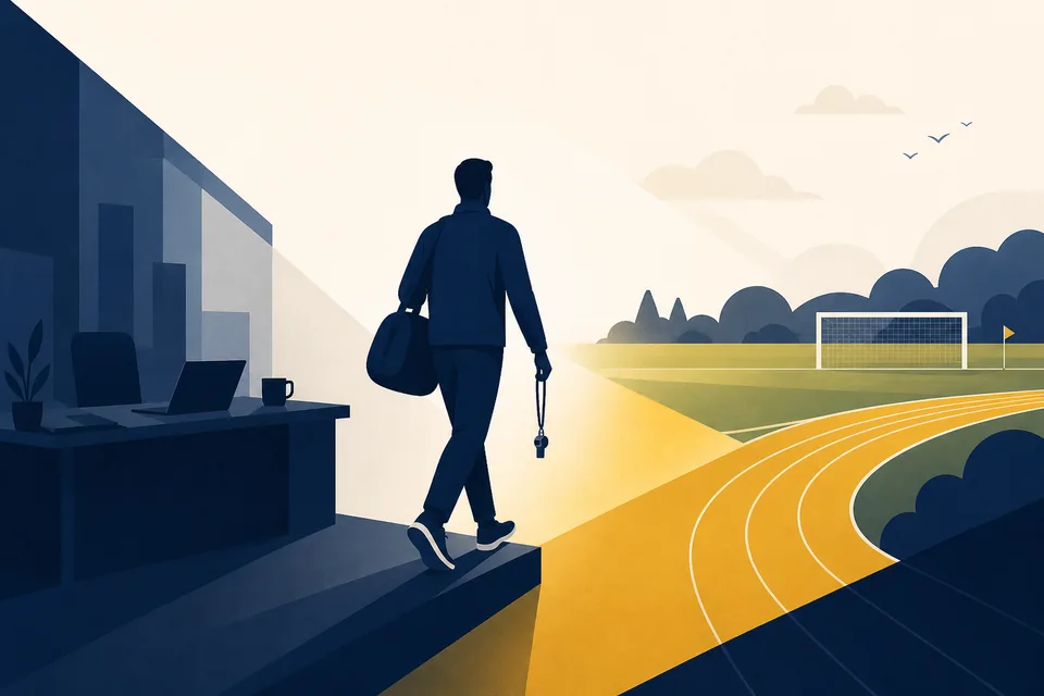 Reconversion vers un métier du sport : silhouette de dos quittant un bureau pour un terrain, illustration marine et or