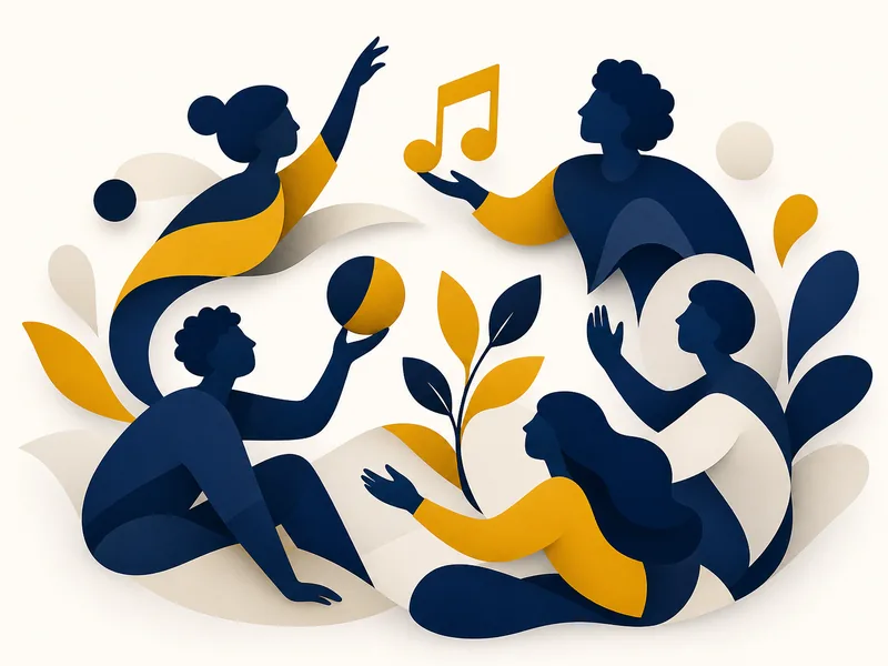 animation socio-educative : cercle de silhouettes et motifs creatifs, illustration marine et or